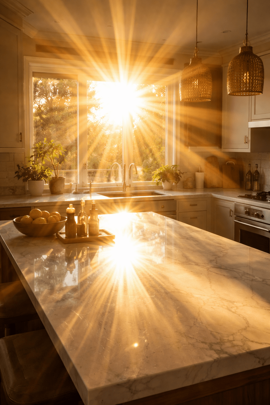 Kitchen counter glare in the afternoon sun